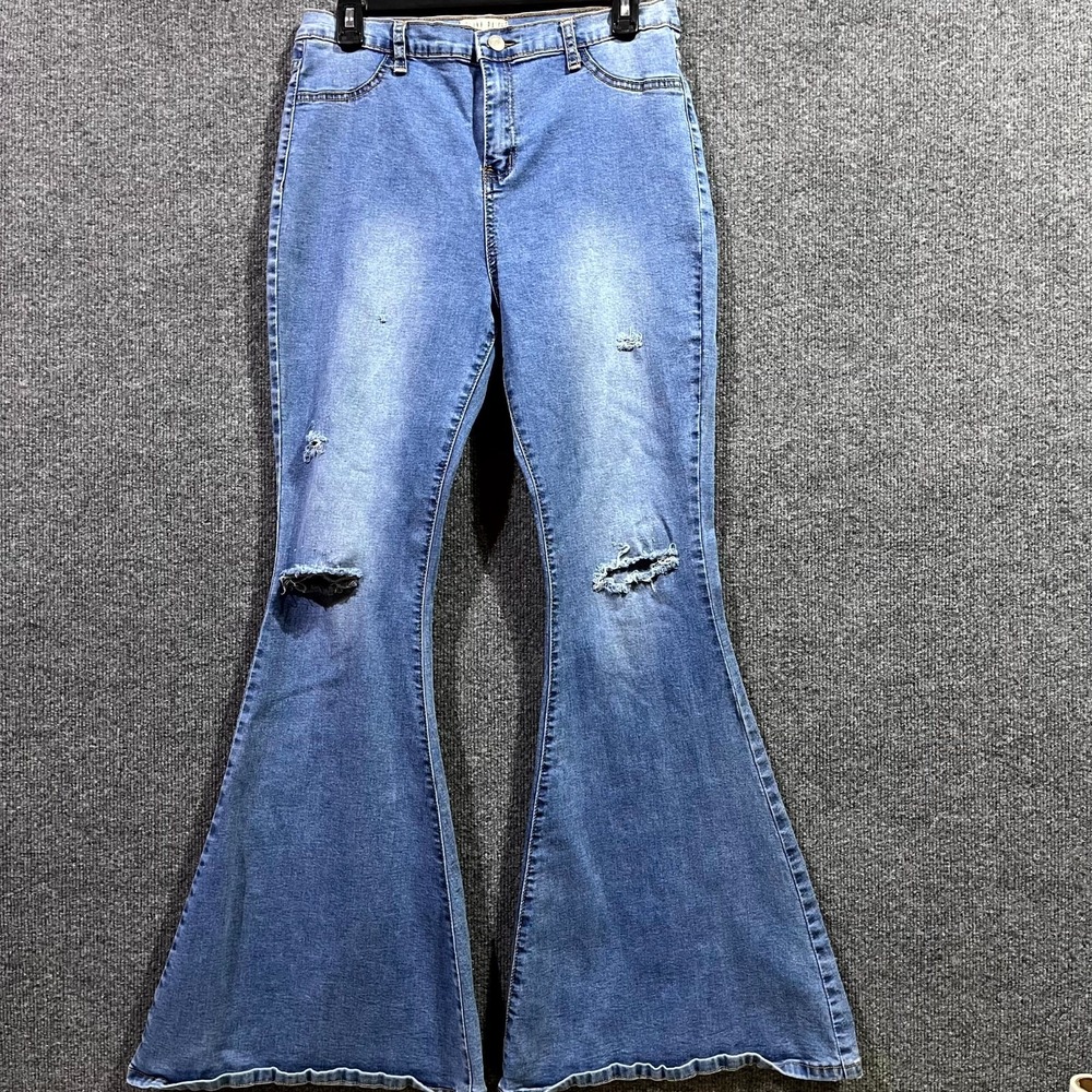 Blank Paige Jeans Womens Large Blue Denim Distressed Medium Wash Flared Leg